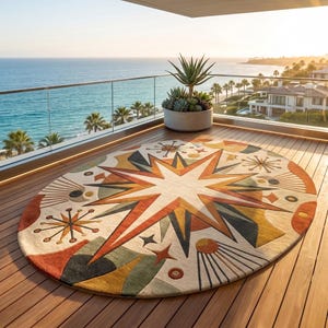 May include: A large oval area rug featuring a central starburst design in shades of cream, orange, yellow, and dark grey. The pattern includes geometric shapes, radiating lines, and small circular accents arranged in a symmetrical composition.
