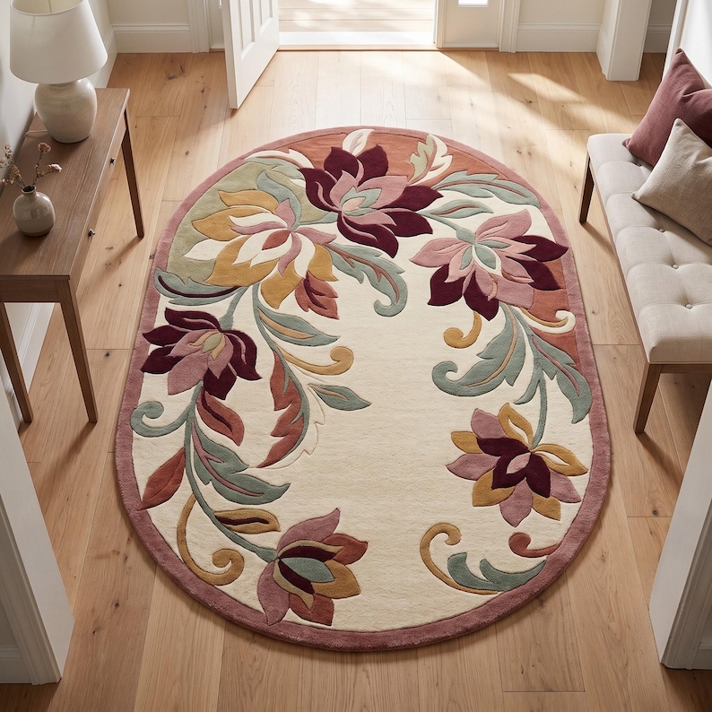 Floral Round Wool Rug, Vintage Botanical Rug, Hand Tufted Flower Area ...