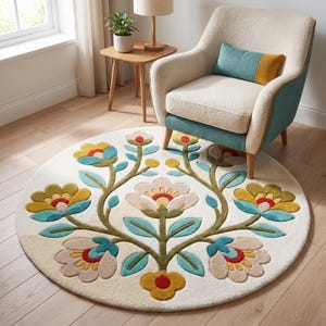 Puede incluir: Una alfombra redonda con un patrón floral simétrico de grandes flores en tonos amarillo mostaza, azul cerceta y rosa suave, conectadas por tallos y hojas de color verde oliva sobre un fondo color crema, con una superficie de pelo texturizado.