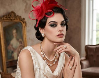 Red Feather Fascinator Hat, Vintage Floral Headband, Kentucky Derby Hat, Wedding Guest Hair Accessory, Tea Party Fascinator for Women