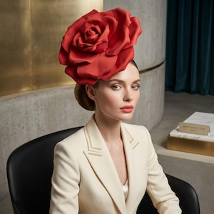 Può includere: Una donna indossa un grande cappello a forma di rosa rossa vibrante. Indossa un blazer color crema con finiture dorate. Il cappello è il punto focale, con il testo "ARTISANAL CHIC LONDON" sullo sfondo.