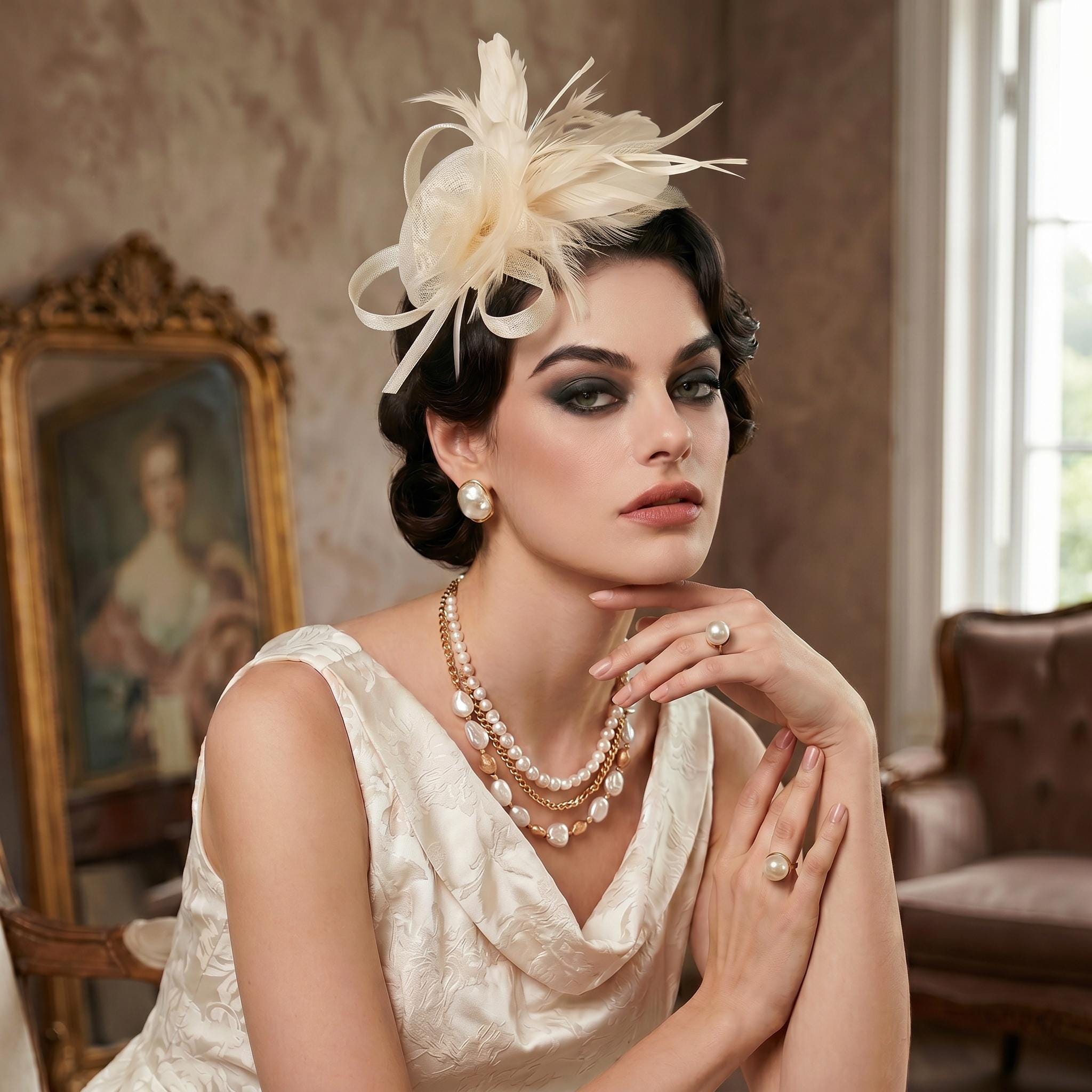 Elegant Vintage Cream Fascinator with Rhinestone Accent Ivory Fascinator Vintage Hats for Women for sale | eBay main image 2
