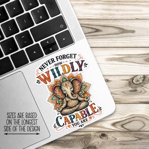 Pegatina "Nunca olvides lo increíblemente capaz que eres", calcomanía de yoga con mandala y elefante, palabras de afirmación, calcomanía floral para coche para mujeres, Kindle