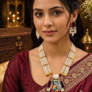 May include: A multi-strand pearl necklace featuring a large central pendant with a colourful painted figure, deep red stones, and a green teardrop gem. The necklace is paired with matching drop earrings that feature red stones and dangling white pearls.