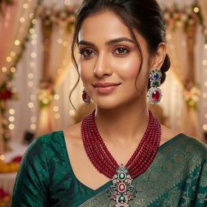 May include: A multi-strand necklace featuring deep red beads and a large, ornate pendant set with red, blue, and green stones surrounded by clear crystals. Matching drop earrings feature a similar design with red, blue, and green stones.