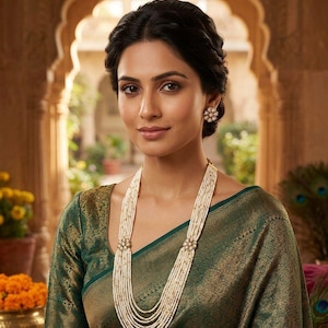 May include: A multi-strand pearl necklace featuring small white beads arranged in several layers, accented by two circular floral-shaped gold clasps with embedded stones, paired with matching floral-shaped stud earrings in a similar gold and stone design.
