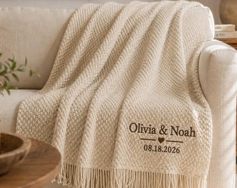 Personalized Wedding Blanket, Custom Embroidered Couple Names & Date Throw, Newlywed Gift, Bridal Shower Gift, Anniversary Housewarming Gift