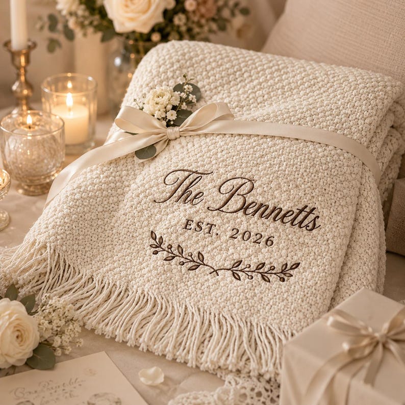 May include: A cream-colored knitted throw blanket with fringe, featuring an embroidered design that reads The Bennetts EST. 2026 above a leafy branch motif. The blanket is wrapped with a smooth cream ribbon and adorned with a small floral sprig.