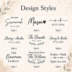 May include: A grid of nine rectangular labels labeled Style 1 through Style 9, each featuring black text on a light background. The designs include various combinations of names, dates, and decorative elements like hearts and botanical flourishes.