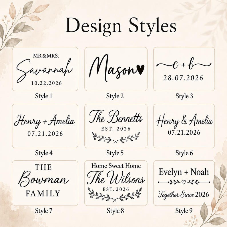 May include: A grid of nine rectangular labels labeled Style 1 through Style 9, each featuring black text on a light background. The designs include various combinations of names, dates, and decorative elements like hearts and botanical flourishes.