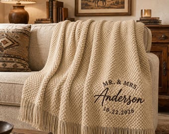 Mr and Mrs Blanket, Personalized Embroidered Wedding Throw, Custom Last Name & Date, Engagement Gift, Anniversary Gift, Housewarming Gift
