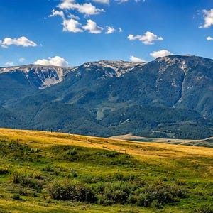 May include: A vast landscape featuring a large, dark mountain range with rocky peaks and forested slopes under a bright blue sky with scattered white clouds. The foreground consists of rolling hills covered in golden and green grasses.