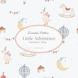 Può includere: Un motivo senza cuciture con illustrazioni ad acquerello di oche con cappellini da festa, cavalli a dondolo, mongolfiere, lune crescenti e bandierine su sfondo bianco con piccoli punti. Il testo recita: Seamless Pattern Little Adventure.