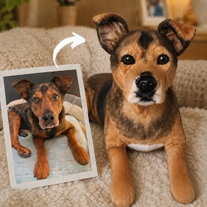 Puede incluir: Un peluche de perro con pelaje marrón y negro y una mancha blanca en el pecho, basado en el perro de la fotografía incluida. El peluche tiene ojos oscuros, nariz negra y orejas erguidas, y está colocado junto a una foto impresa del perro real.