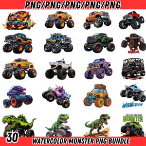 May include: A digital collection of 30 monster truck illustrations featuring various designs including flame-covered trucks, shark-themed vehicles, dinosaur-inspired trucks, and colorful off-road vehicles with large tires, labeled as a PNG bundle.