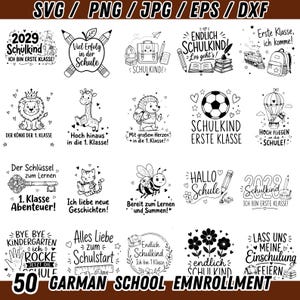 May include: A collection of twenty black and white digital illustrations featuring school-themed designs, including animals, stationery, and German text phrases like 'Schulkind' and 'Erste Klasse', arranged in a grid format for crafting projects.