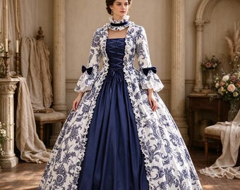 Blue White Rococo Ball Gown, Marie Antoinette Dress, Renaissance Victorian Costume, Historical Princess Gown