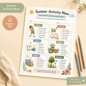 Può includere: Un foglio stampabile di menu per attività estive con sei categorie: Move, Create, Learn, Help, Rest e Outside. Ogni sezione include un elenco di caselle di controllo per le attività, illustrato con piccoli disegni come un bambino che fa sport.