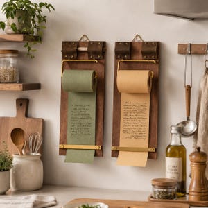 May include: Two wooden kitchen memo boards with rolls of paper. The boards have a dark brown finish, brass-colored bars, and leather straps. One board has green paper, the other has tan paper, both with handwritten text.