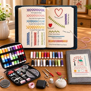 May include: An open embroidery instruction book with stitch samples and labels, a black zippered case filled with colorful thread spools, needles, scissors, a measuring tape, a thimble, a pin cushion, and a gray fabric-covered notebook.