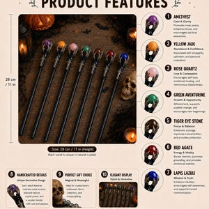 May include: A set of seven wands, each 28 cm or 11 inches tall, featuring a black handle topped with a metal claw holding a spherical crystal. The crystals include amethyst, yellow jade, rose quartz, green aventurine, tiger eye, red agate, and lapis lazuli, displayed alongside text detailing their properties.