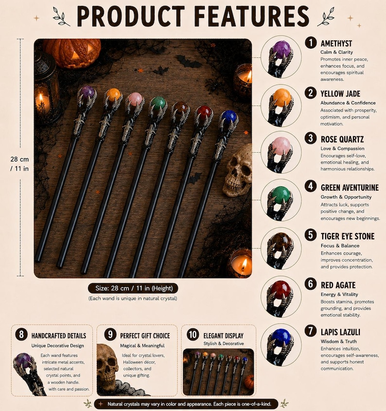 May include: A set of seven wands, each 28 cm or 11 inches tall, featuring a black handle topped with a metal claw holding a spherical crystal. The crystals include amethyst, yellow jade, rose quartz, green aventurine, tiger eye, red agate, and lapis lazuli, displayed alongside text detailing their properties.