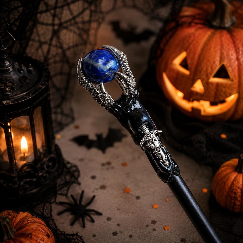 May include: A black wand featuring a silver-toned claw at the top holding a round, deep blue stone. The handle is adorned with a small silver-toned sword emblem. The wand has a smooth, dark finish and a detailed metallic grip structure.