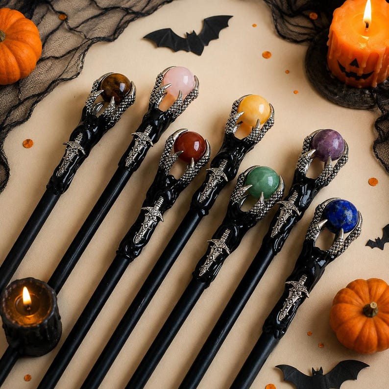 May include: A collection of six black wands, each featuring a silver-toned metal handle shaped like a sword and a claw-like topper holding a polished gemstone sphere. The stones include tiger's eye, rose quartz, carnelian, yellow jade, green aventurine, and lapis lazuli.