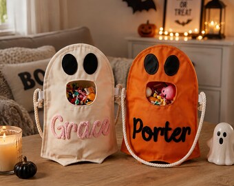 2026 Halloween Personalized Ghost Candy Bag, Custom Name Trick or Treat Bucket for Kids Halloween Treat Bag
