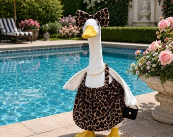 Porch Goose Leopard Print Outfit | Fits 23” Cement & Plastic Lawn Goose, Handmade Summer Dress Bow Set, Trendy Yard Decor, Unique Gift