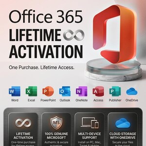 May include: A Microsoft Office 365 promotional graphic featuring the orange Office logo on a marble base. Text includes "LIFETIME ACTIVATION," "One Purchase. Lifetime Access," and icons for Word, Excel, PowerPoint, Outlook, OneNote, Access, Publisher, and OneDrive.