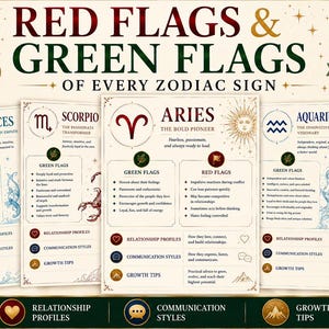 May include: A digital document titled Red Flags & Green Flags of Every Zodiac Sign, featuring 13 pages in A4 PDF format. The layout displays astrological profiles for Aries, Pisces, Scorpio, Aquarius, and Libra with icons, text, and celestial graphics.