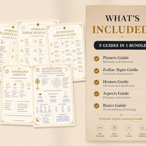 Può includere: Un pacchetto digitale di astrologia con cinque guide stampate su carta color crema con testo e icone dorate. Le guide coprono pianeti, segni zodiacali, case, aspetti e basi. Una scheda riassuntiva elenca il contenuto come 5 Guides in 1 Bundle.