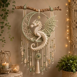 Drachen-Häkelmuster PDF Mond-Wandbehang Makramee Boho-Drache Amigurumi-Muster Halbmond-Traumfänger DIY Fantasy-Wohndekoration