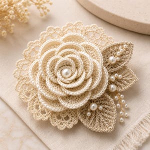 May include: A cream-colored crochet flower brooch featuring layered petals, a central pearl, and a scalloped lace-like base. The design includes two crocheted leaves accented with small white pearls on thin gold-toned wire stems.