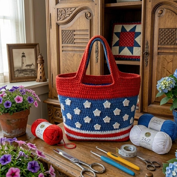 Crochet Tote Bag Pattern – Patriotic Stars & Stripes, Beginner Friendly PDF