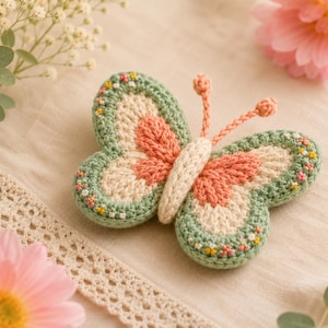 May include: A crocheted butterfly ornament featuring a sage green border, a cream-colored inner section, and a coral-colored center. The wings are decorated with tiny embroidered flowers in pink and yellow, and the butterfly has two coral antennae.