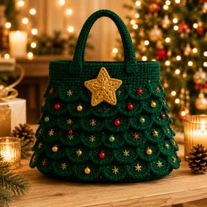 May include: A dark green crocheted handbag featuring a tiered, scalloped design that mimics tree branches. The bag is adorned with a large, textured gold star at the top center, along with small red, gold, and green beads and star-shaped accents.