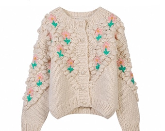 Apricot Floral Embroidered Cardigan, Cottagecore Chunky Knit Sweater