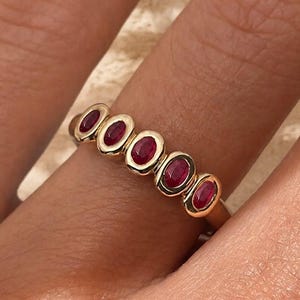Natural Ruby Band 14K Solid Gold Ring, Certified Oval Ruby Wedding Band, Curved Contour Stacking Ring, July Birthstone Anniversary Gift