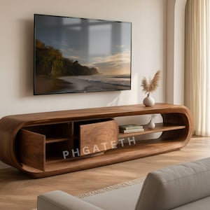 Solid Wood TV Stand, Rounded Media Console With Cabinet and Open Shelves