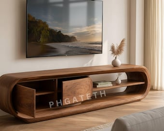 Solid Wood TV Stand, Rounded Media Console With Cabinet and Open Shelves
