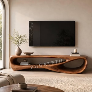 Puede incluir: Un mueble multimedia de madera de forma orgánica con una silueta fluida y suave, y un gran espacio de almacenamiento abierto en el centro. La pieza presenta un acabado de veta de madera natural y el texto PHGATETH es visible en la superficie frontal.