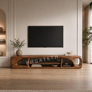 Solid Wood TV Console, Curved Media Stand With Organic Open Shelves
