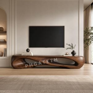 May include: A low-profile, dark brown wooden media console featuring a fluid, organic, sculptural shape with a large central cutout. The surface holds stacked books, a small black vase, and a plant. The text PHGATETH is visible on the front.