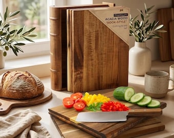 Book Shaped Acacia Cutting Board Set With Solid Wood Stand Kitchen Gift For Mom