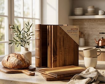 Juego de tabla de cortar de madera de acacia con soporte, tabla para charcutería de biblioteca, regalo de decoración de cocina para mamá, regalo para club de lectura, regalo de inauguración de casa