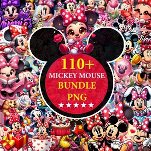 May include: A vibrant collage featuring numerous illustrations of Mickey and Minnie Mouse characters. A central red circle displays the text "110+ MICKEY MOUSE BUNDLE PNG" with star ratings. The overall design is colorful and playful, perfect for digital art or crafting projects.