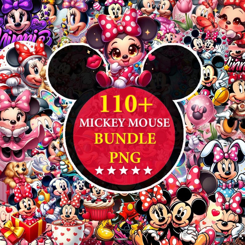 May include: A vibrant collage featuring numerous illustrations of Mickey and Minnie Mouse characters. A central red circle displays the text "110+ MICKEY MOUSE BUNDLE PNG" with star ratings. The overall design is colorful and playful, perfect for digital art or crafting projects.