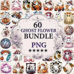 Könnte beinhalten: Eine digitale Sammlung von 60 Geister-Blumen-PNG-Bildern mit verschiedenen weißen Geisterillustrationen, verziert mit Kürbissen, Sonnenblumen, Blumenarrangements, Hüten und Accessoires, zentriert um ein Etikett mit der Aufschrift 60 GHOST FLOWER BUNDLE PNG.